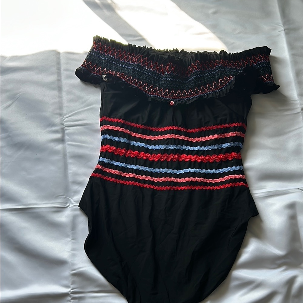 Red Carter Black and Red One Piece Swimsuit with Ruffled Off-Shoulder Design